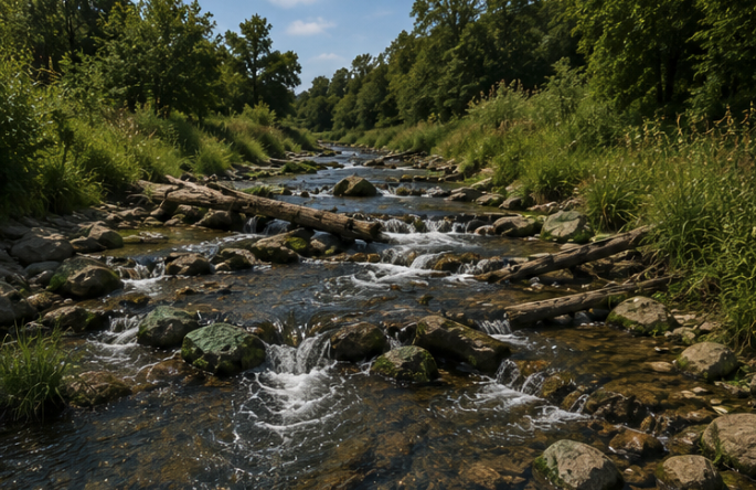 Visualisierung einer Erft mit geschwungenem Wasserlauf und bepflanzten Uferbereichen